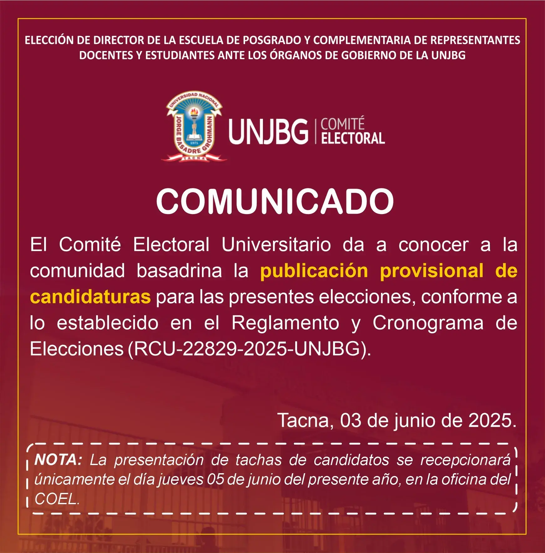 COMUNICADO -  PUBLICACION PROVISIONAL DE CANDIDATURAS